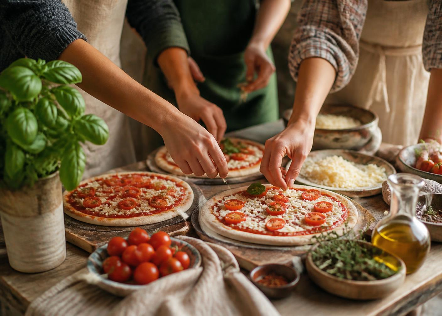 Grupo montando pizzas juntos em uma bancada de madeira