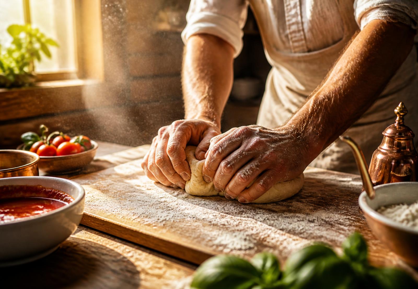 Mãos sovando massa de pizza sobre bancada enfarinhada