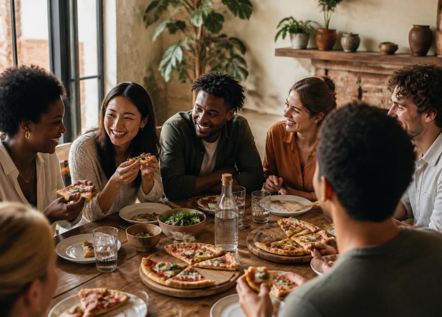 Pessoas conversando ao redor da mesa depois de comer pizza