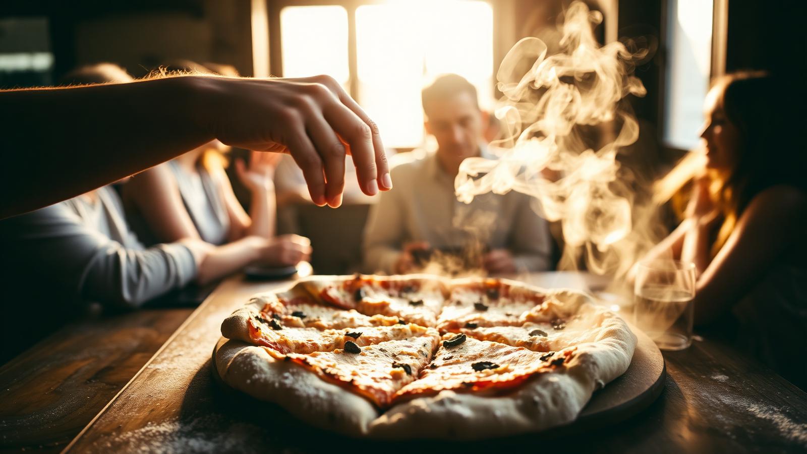 Mãos partindo uma pizza artesanal em mesa de madeira, com vapor e luz dourada